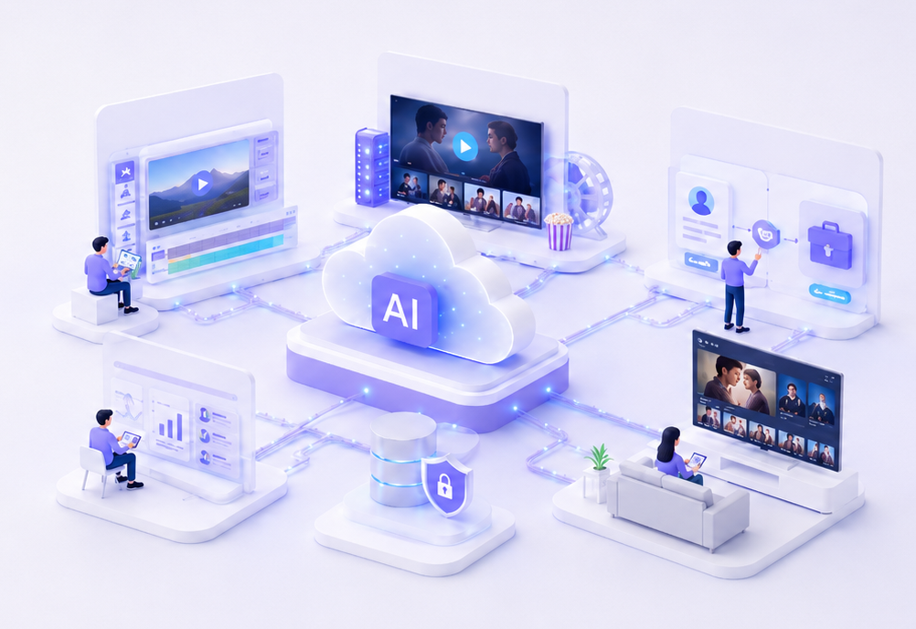 AI 클라우드를 중심으로 영상 제작·스트리밍·시청이 연결된 콘텐츠 아이소메트릭 일러스트